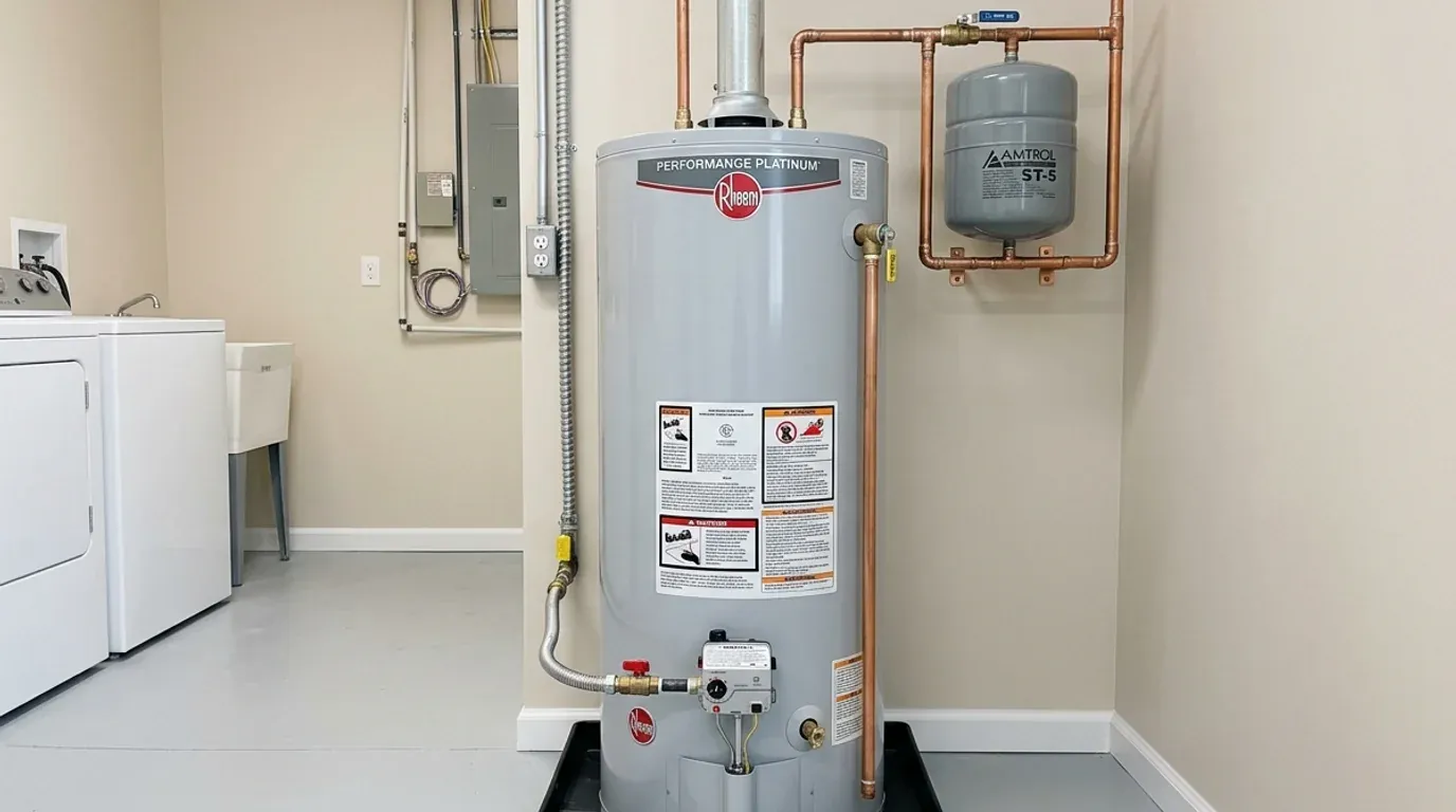 Water Heater Repair equipment showing residential storage tank, expansion tank, copper piping, and temperature-pressure relief valve